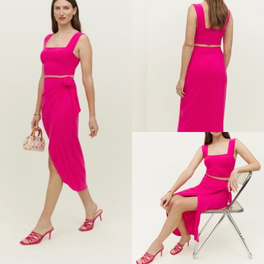 NWT reformation Rika Knit Two
Piece set top skirt xs Corvette pink